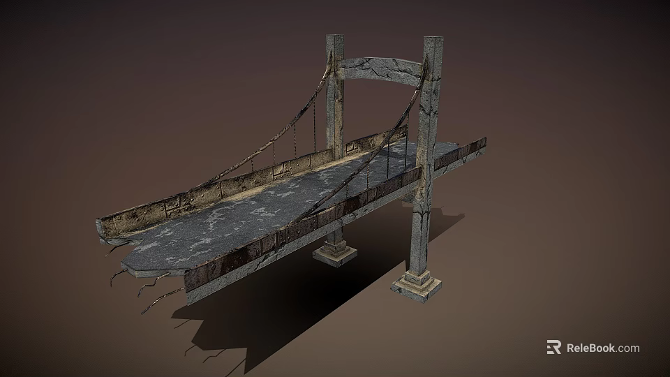 Weathered Old Suspension Bridge Featuring Rusty Cables Cracked Planks And Stone Piers 3d model 