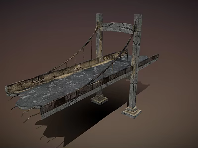 Weathered Old Suspension Bridge Featuring Rusty Cables Cracked Planks And Stone Piers 3d model