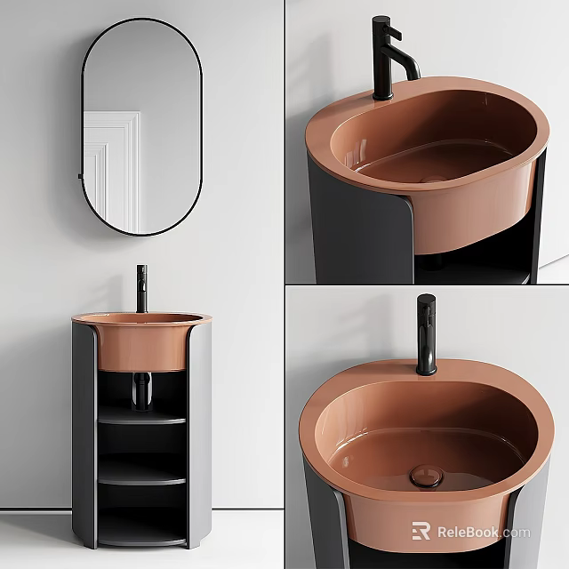 Elegant Modern Bathroom Washbasin Design With Copper Colored Basin Black Stand And Mirror 3d model 