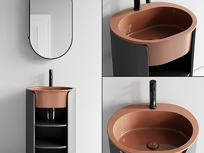 Elegant Modern Bathroom Washbasin Design With Copper Colored Basin Black Stand And Mirror 3d model
