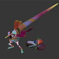Colorful Armored Game Character With Giant Brush Weapon And Small Companion Robot