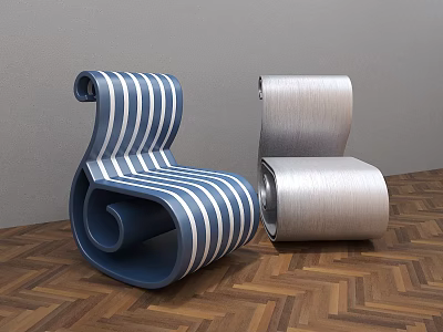 Modern Scroll Leisure Chairs With Blue White Stripes And Silver Finish On Herringbone Wooden Floor 3d model