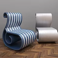 Modern Scroll Leisure Chairs With Blue White Stripes And Silver Finish On Herringbone Wooden Floor