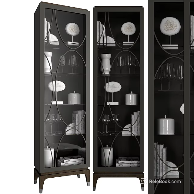 Modern Black Sideboard With Glass Doors Holding Vases Wine Glasses Books And Candles 3d model 