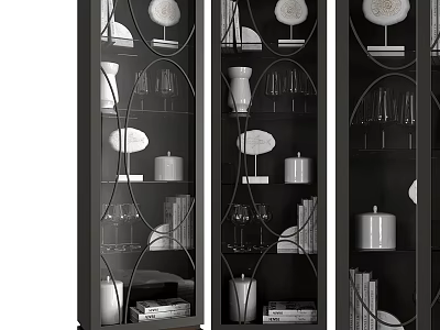 Modern Black Sideboard With Glass Doors Holding Vases Wine Glasses Books And Candles 3d model
