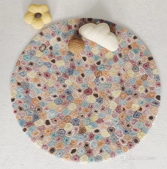 Round Rug with Vibrant Multicolored Patterns and Decorative Items on Surface 3d model