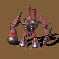 Red And Silver Mechanical Robot Character With Spherical Body Green Lights And Powerful Arms Legs