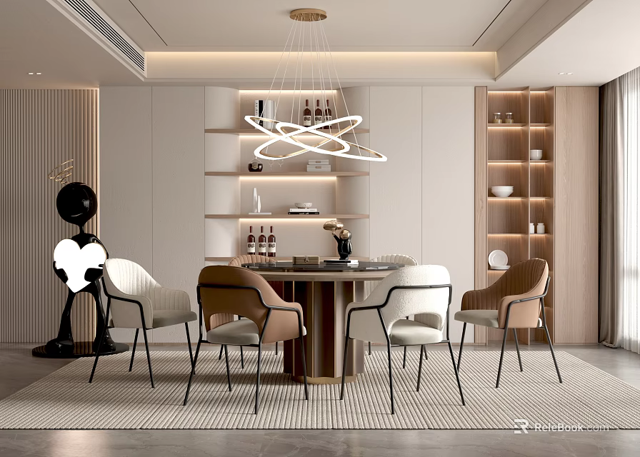 Modern Restaurant Interior Featuring Open Kitchen Dining Table And Pendant Light 3d model