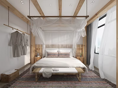 Hotel Room Featuring White Canopy Bed Wooden Headboard Hanging Bathrobes Colorful Rug And Wooden Bench 3d model
