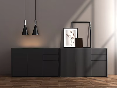 Modern Black Entryway Console Cabinet With Framed Art Vase And Pendant Lights 3d model