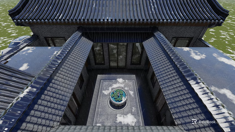 Traditional Chinese Detached Villa With Tile Roof Courtyard Windows And Circular Green Decor 3d model 