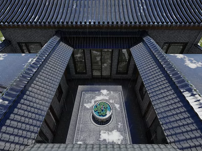 Traditional Chinese Detached Villa With Tile Roof Courtyard Windows And Circular Green Decor 3d model