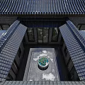 Traditional Chinese Detached Villa With Tile Roof Courtyard Windows And Circular Green Decor
