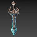Ornate Fantasy Sword with Blue Icy Crystal Blade Brown Hilt and Metallic Decorative Accents