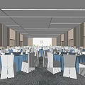 Spacious Modern Banquet Hall with White Blue Chair Covers Ceiling Lights and R Background Wall