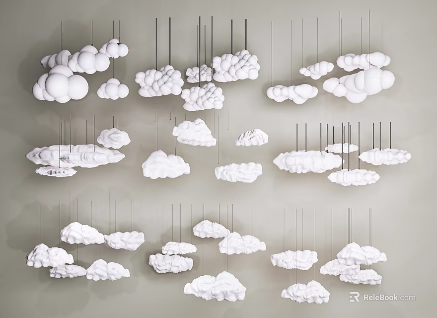 Stylish White Cloud Shaped Pendant Lights Hanging Against Gray Background 3d model 