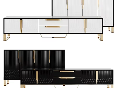 Modern TV Stand And Storage Cabinet With Gold Accents White Black Drawers 3d model