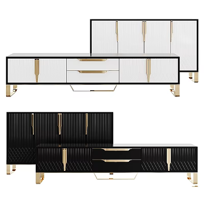 Modern TV Stand And Storage Cabinet With Gold Accents White Black Drawers 3d model
