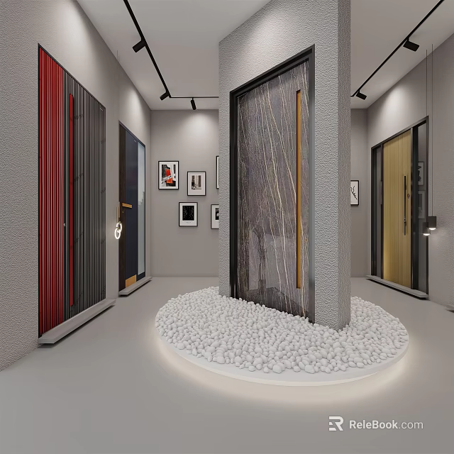 Modern Door Showroom Interior With Various Door Designs Decorative Pillar And Pebbles 3d model 