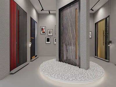 Modern Door Showroom Interior With Various Door Designs Decorative Pillar And Pebbles 3d model