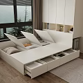 Modern Tatami Bedroom Interior With Bed Desk Computer Chair Open Storage Shelves And Natural Light