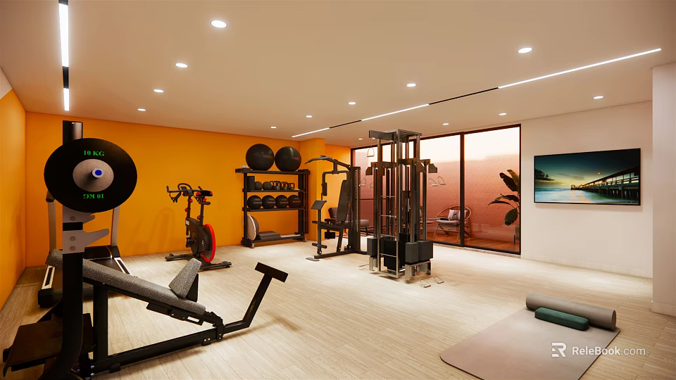 Modern Home Gym Interior With Orange Walls Floor to Ceiling Windows And Fitness Equipment 3d model 