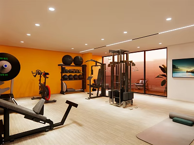 Modern Home Gym Interior With Orange Walls Floor to Ceiling Windows And Fitness Equipment 3d model
