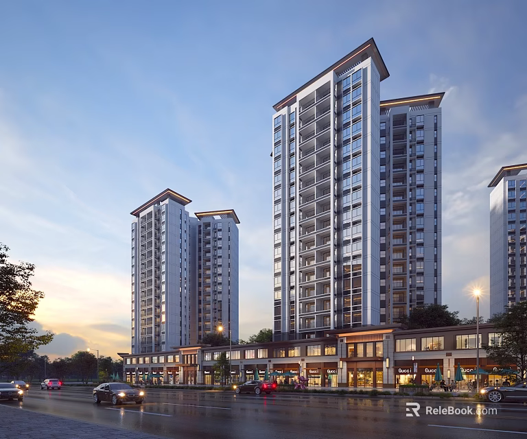 Vibrant Commercial Street With High Rise Residential Buildings Shops And Evening Lighting 3d model 