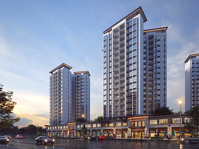 Vibrant Commercial Street With High Rise Residential Buildings Shops And Evening Lighting 3d model
