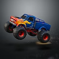 Blue Monster Truck With Flame Graphics And Large Red Tires Jumping Through Dirt Particles