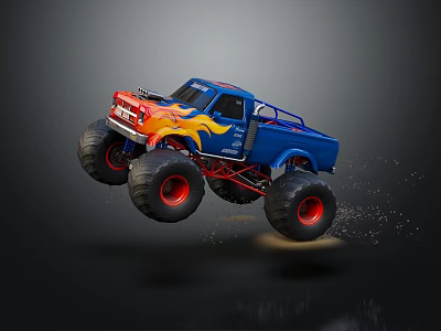Blue Monster Truck With Flame Graphics And Large Red Tires Jumping Through Dirt Particles 3d model