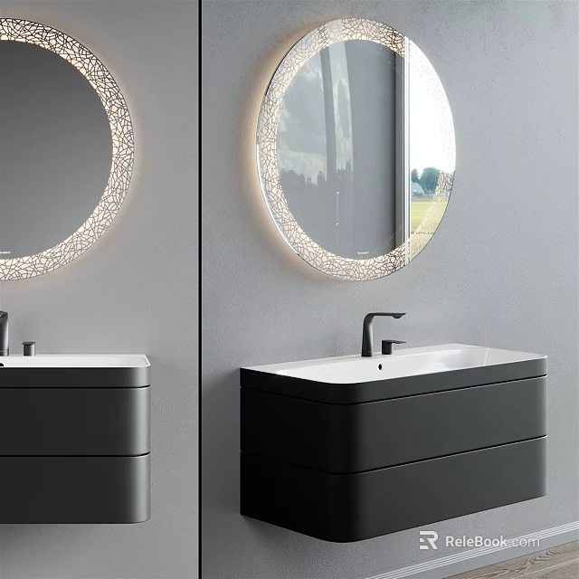 Modern Bathroom Double Washbasin Vanity With Black Sinks And Round Lighted Mirrors 3d model 