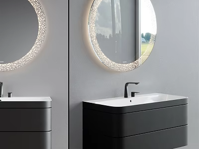 Modern Bathroom Double Washbasin Vanity With Black Sinks And Round Lighted Mirrors 3d model