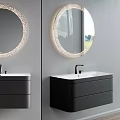 Modern Bathroom Double Washbasin Vanity With Black Sinks And Round Lighted Mirrors