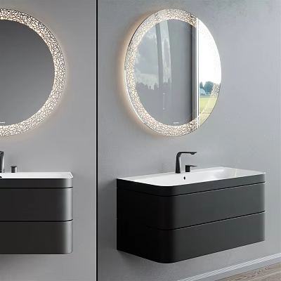 Modern Bathroom Double Washbasin Vanity With Black Sinks And Round Lighted Mirrors 3d model