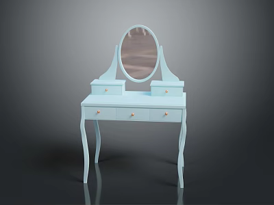 Light Blue Dressing Table With Round Mirror And Drawers For Bedroom Use 3d model