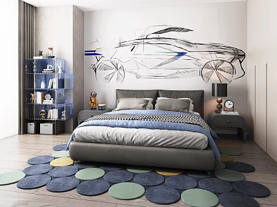 Modern Kids Room Interior With Car Sketch Mural Bed And Colorful Round Rugs 3d model