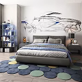 Modern Kids Room Interior With Car Sketch Mural Bed And Colorful Round Rugs