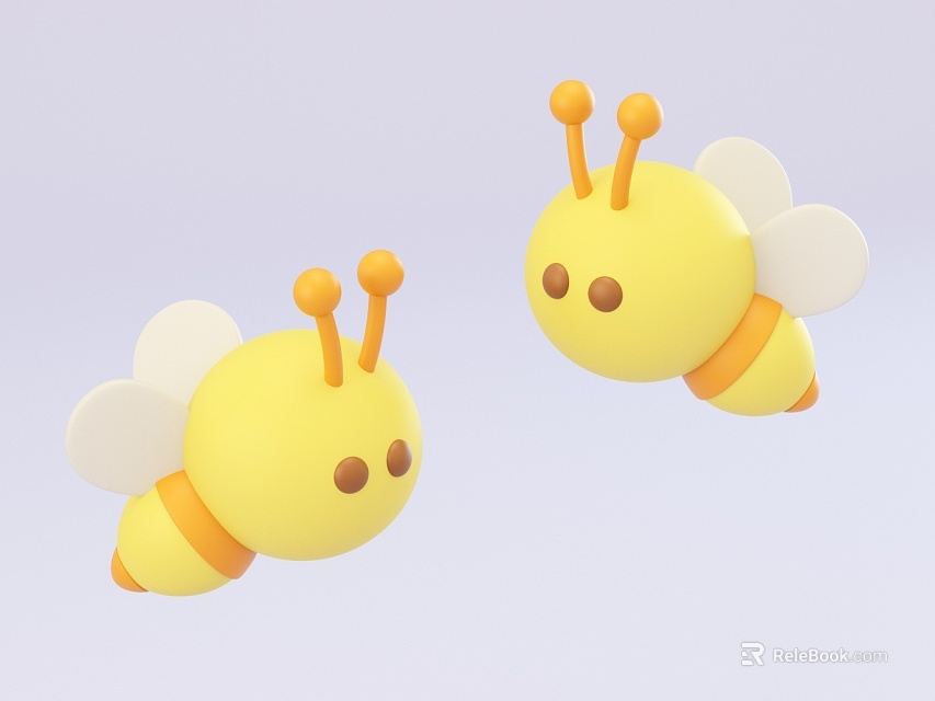 Cute Yellow Cartoon Bees As Flying Animals With White Wings And Orange Stripes 3d model 