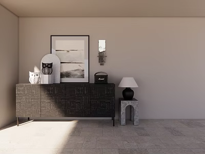 Minimalist Console Table And Side Cabinet With Black Decorative Painting Cat Figurine Table Lamp 3d model