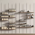 Perfume Cosmetics Display On Elegant Modern Wooden Shelves With Various Glass Bottles