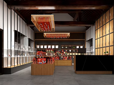 Traditional Chinese Style Store Interior With Wooden Shelves Display Cabinets Chandeliers And Product Displays 3d model