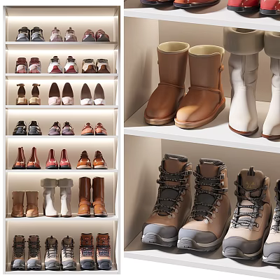 Organized Shoe Cabinet With Multiple Shelves And Various Shoes Including Boots 3d model Organized Shoe Cabinet With Multiple Shelves And Various Shoes Including Boots 3d model