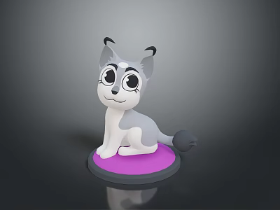 Cute Cartoon Cat Figurine With Big Eyes Gray White Fur Sitting On Purple Round Base 3d model