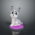 Cute Cartoon Cat Figurine With Big Eyes Gray White Fur Sitting On Purple Round Base