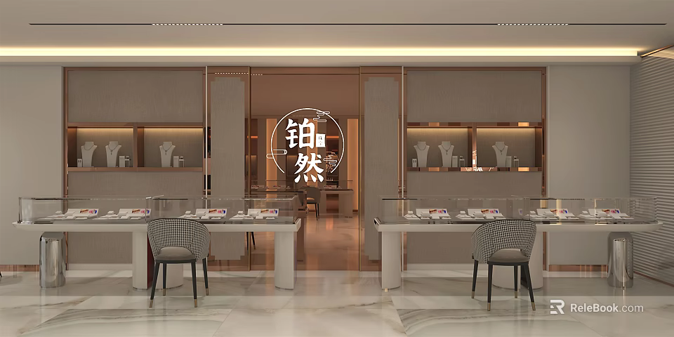 Elegant Modern Jewelry Store Interior With Glass Display Counters Chairs And Decorative Shelves 3d model 