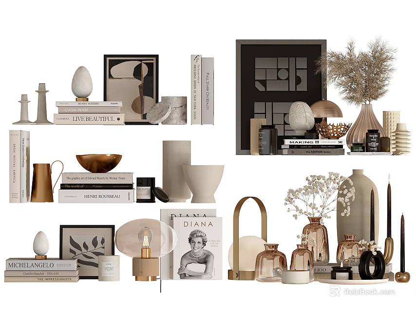 Modern Decorative Ornament Set With Books Sculptures Vases Frames Dried Plants And Lamps 3d model 
