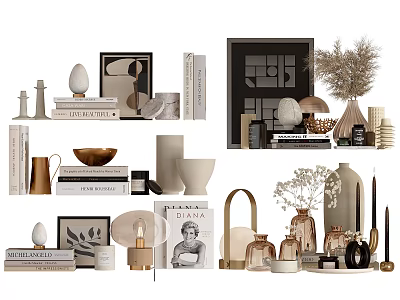 Modern Decorative Ornament Set With Books Sculptures Vases Frames Dried Plants And Lamps 3d model