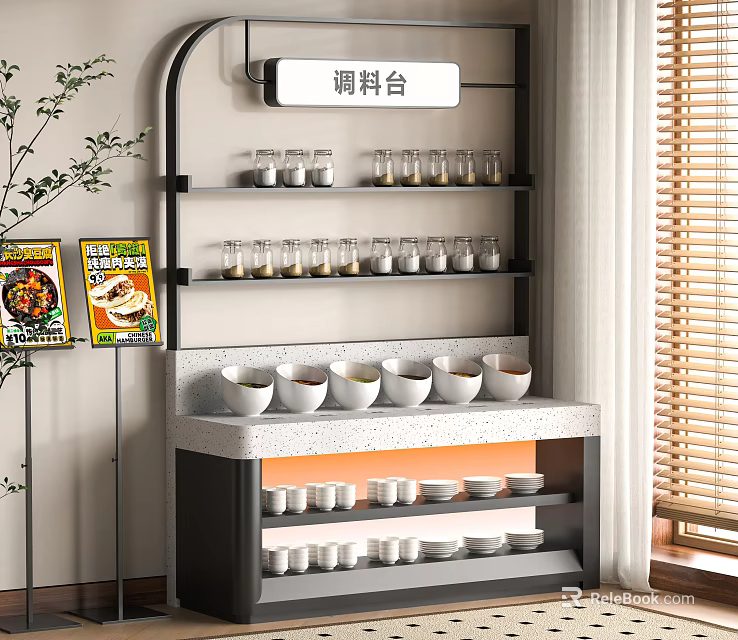 Modern Kitchen Condiment Station With Shelves Spice Jars Bowls And Decorative Posters 3d model 