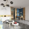Modern Living and Dining Room Interior Design With Sofa Coffee Table Dining Table and Marble Flooring